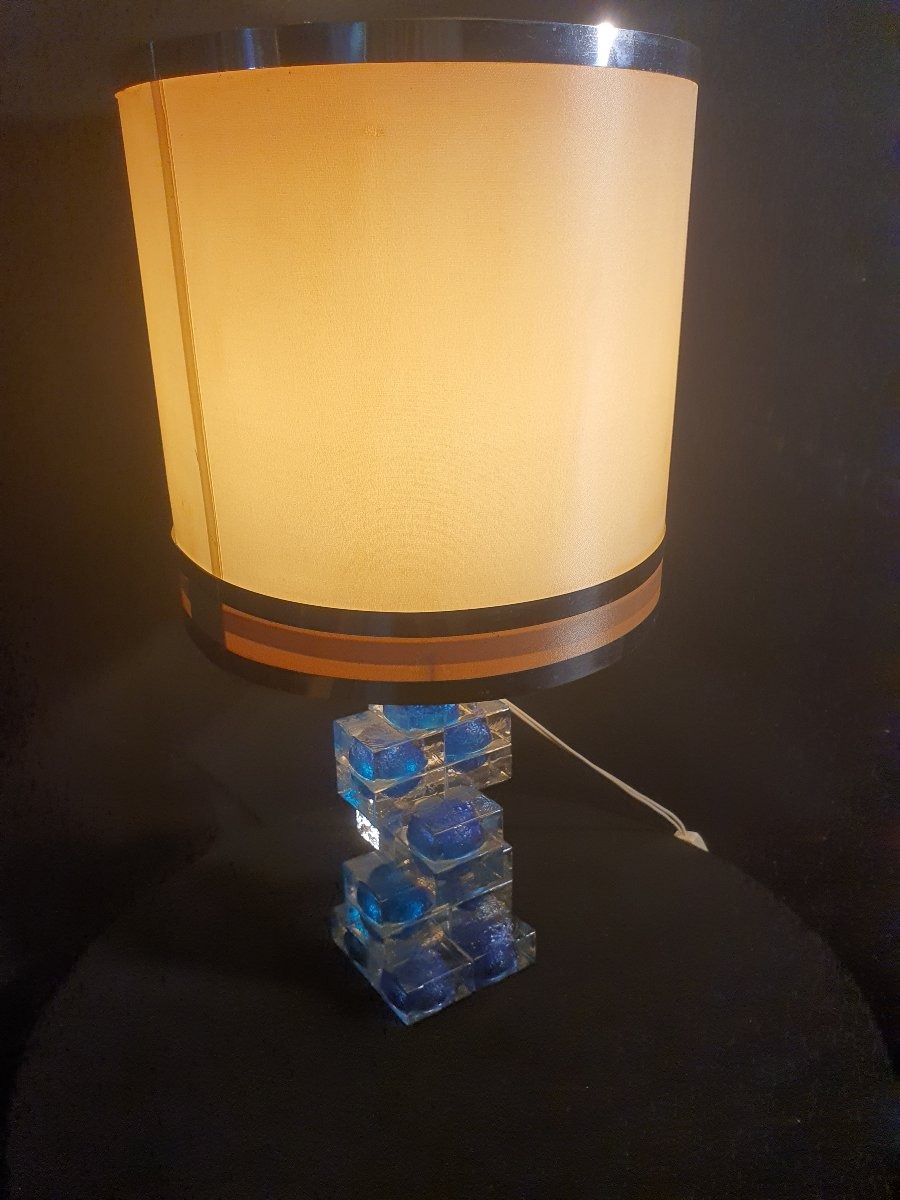 Lampe vintage cubiste verre bleu Murano ,Poliarte.-photo-1