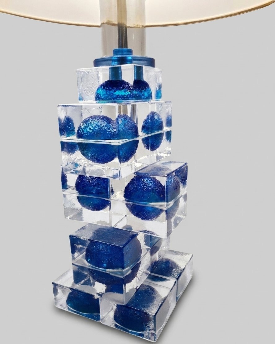 Lampe vintage cubiste verre bleu Murano ,Poliarte.-photo-2