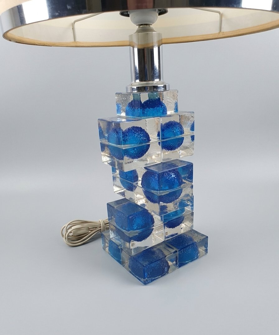 Lampe vintage cubiste verre bleu Murano ,Poliarte.-photo-3