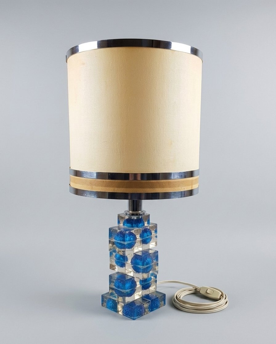Lampe vintage cubiste verre bleu Murano ,Poliarte.