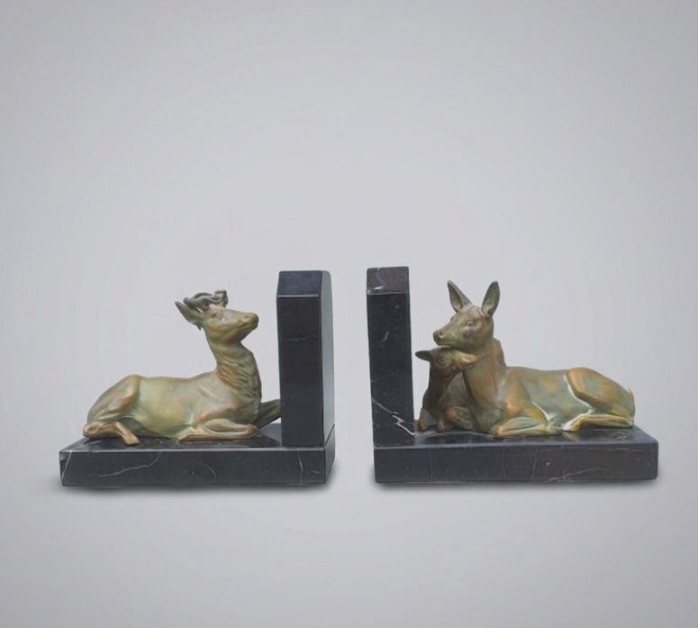 Art Deco Bookends: Stag, Doe, And Fawn.-photo-3