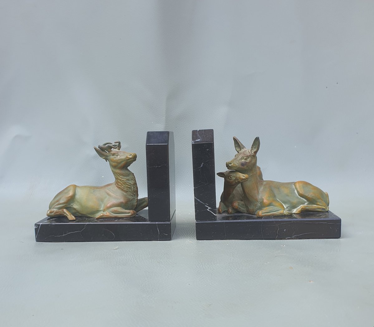 Art Deco Bookends: Stag, Doe, And Fawn.