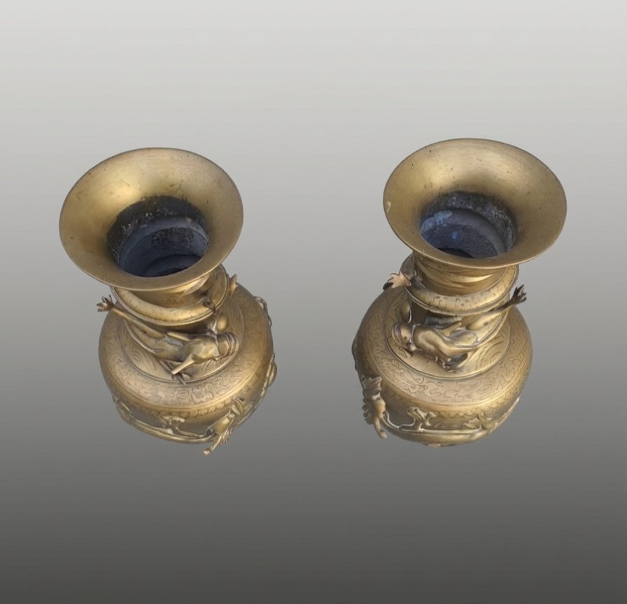 Pair Of Chinese Bronze Vases With Dragon Motifs.-photo-2