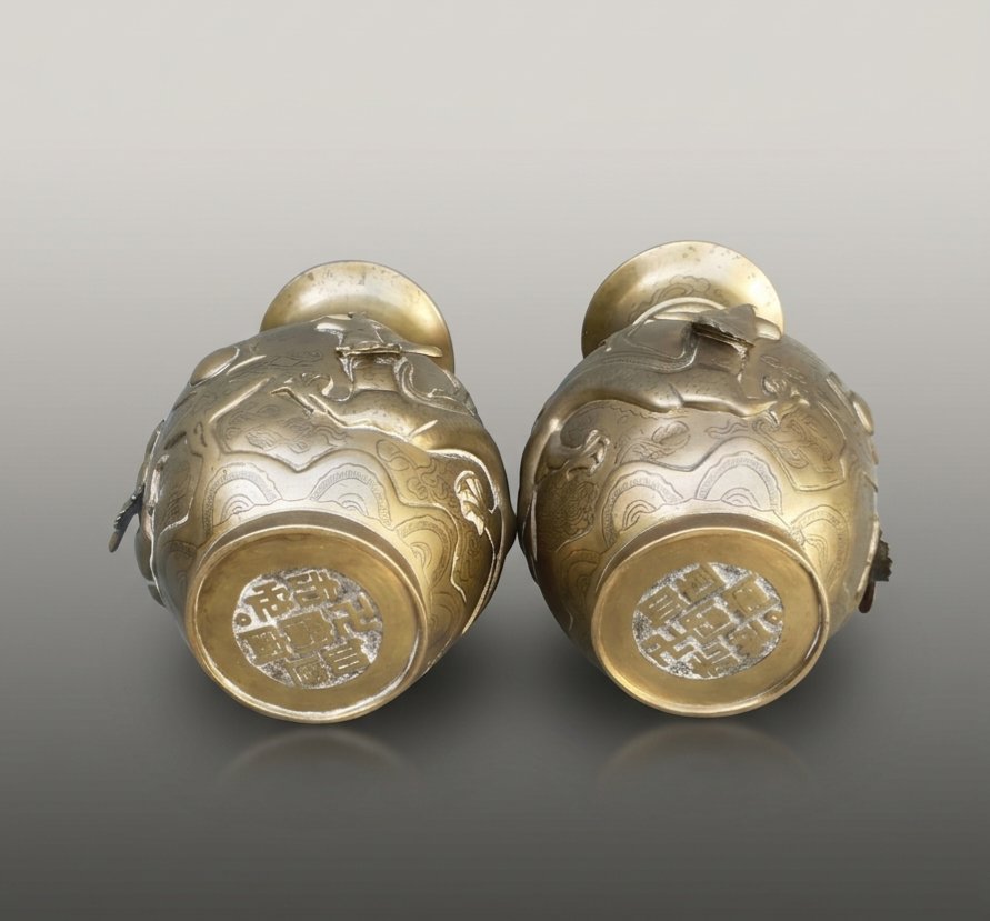 Pair Of Chinese Bronze Vases With Dragon Motifs.-photo-3
