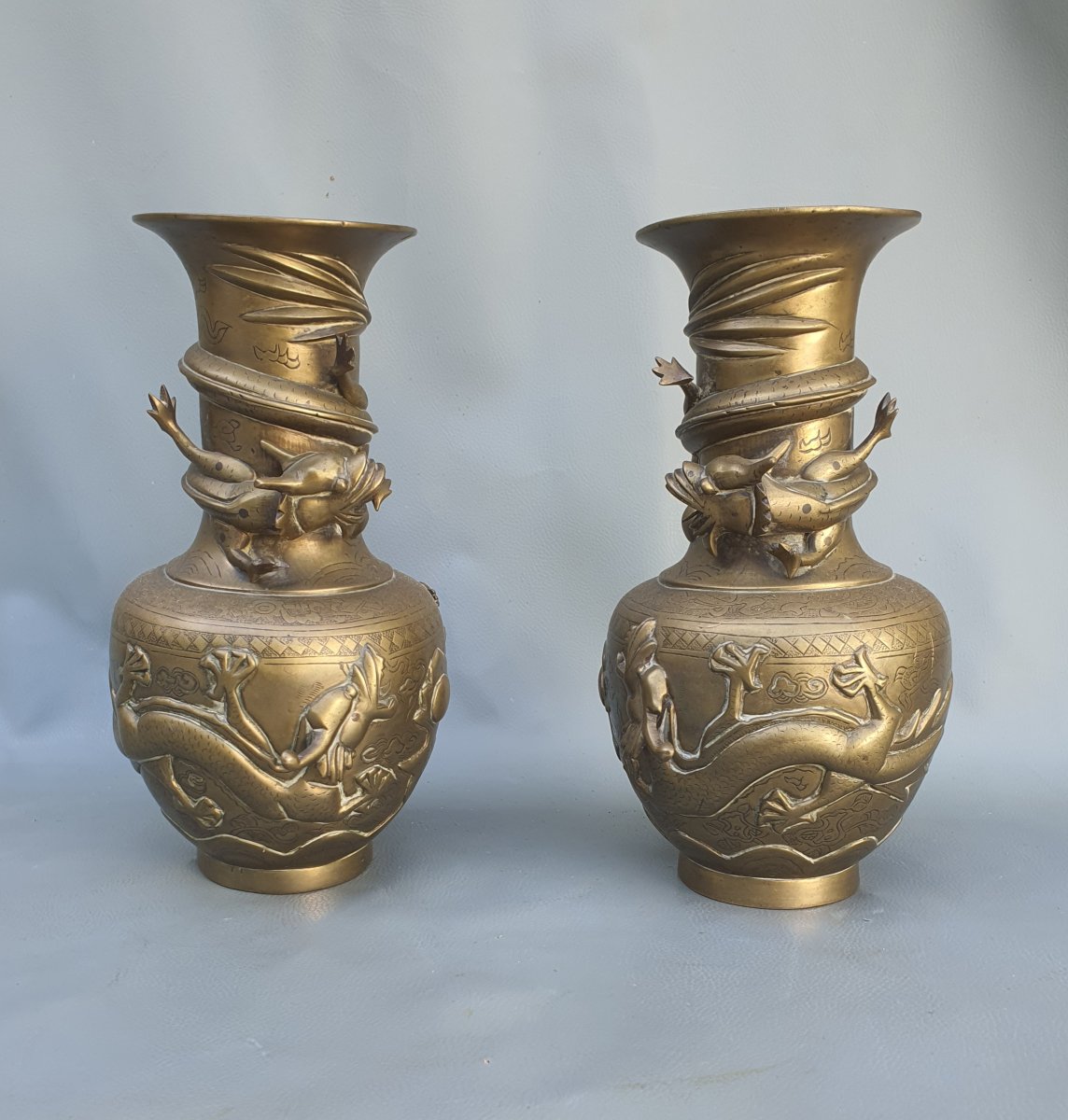 Pair Of Chinese Bronze Vases With Dragon Motifs.-photo-4