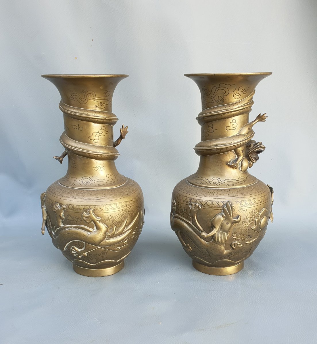 Pair Of Chinese Bronze Vases With Dragon Motifs.-photo-1