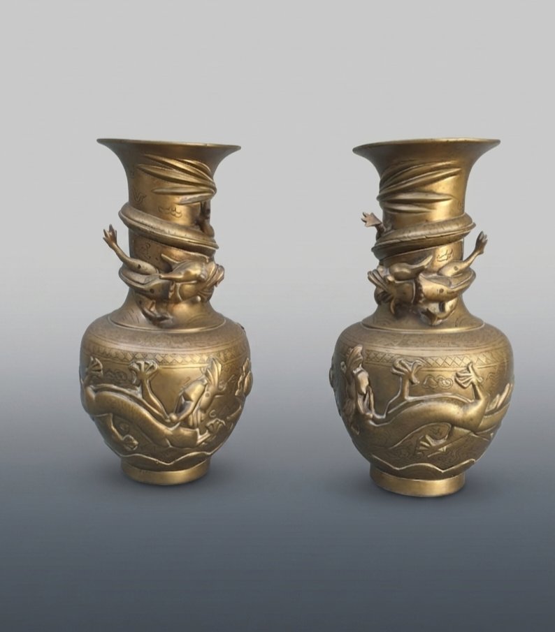 Pair Of Chinese Bronze Vases With Dragon Motifs.