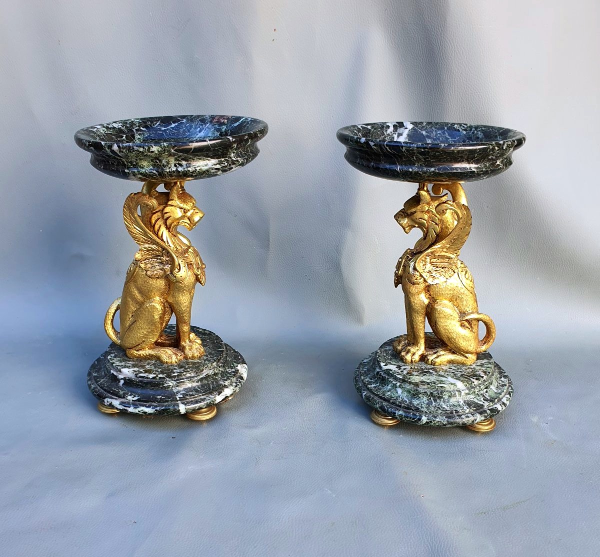 Pair Of Gilded Bronze Cups With Marble Sphinxes-photo-4