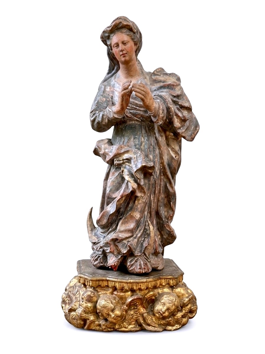 18th-century Baroque Virgin Mary Statue In Gilded Wood. 