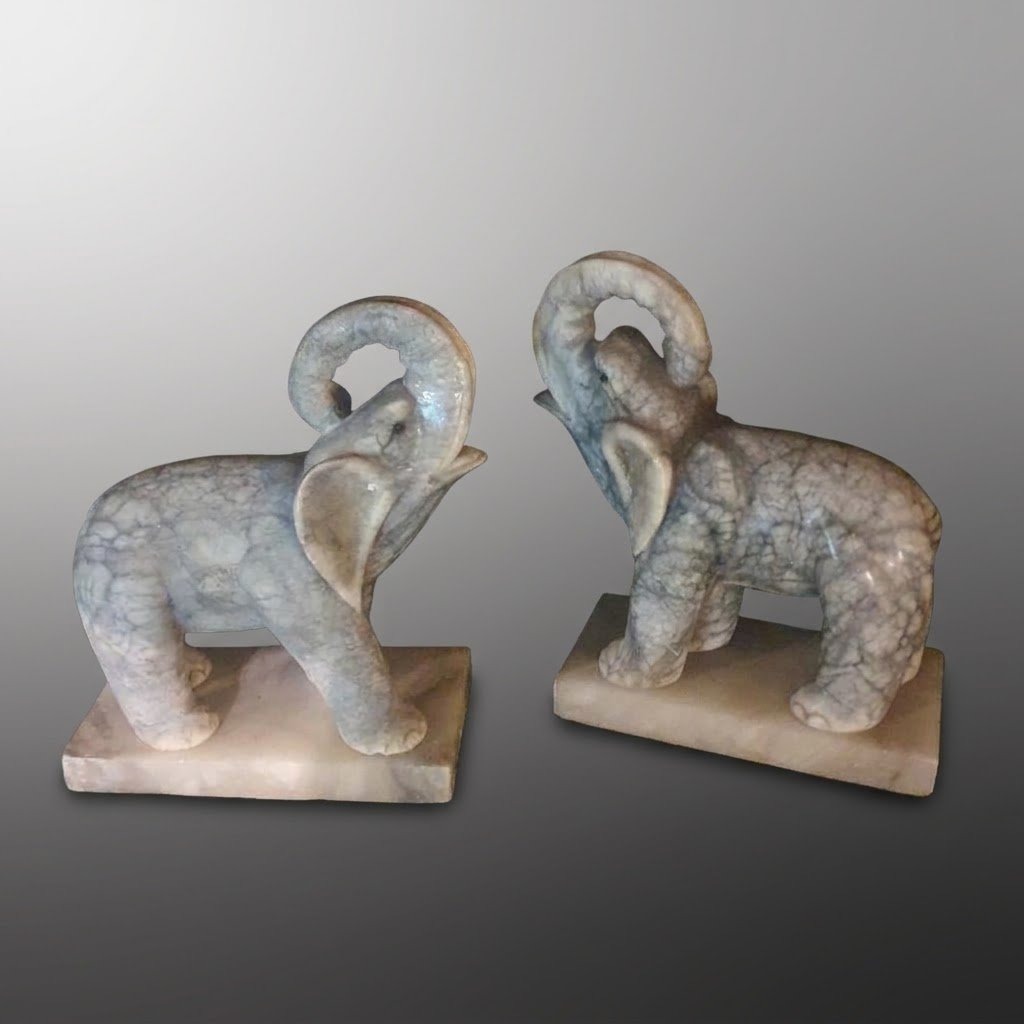 Pair Of Art Deco Marble Elephant Bookends