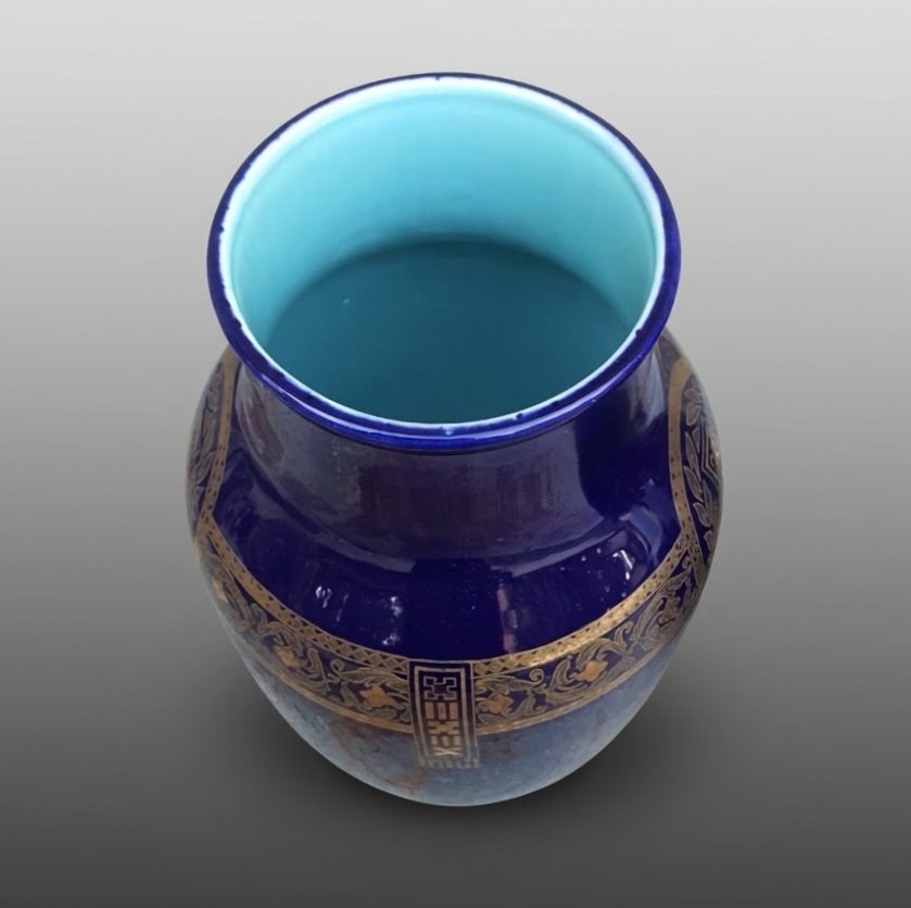 Pair Of Art Deco Sarreguemines Vases In Sèvres Blue -photo-4
