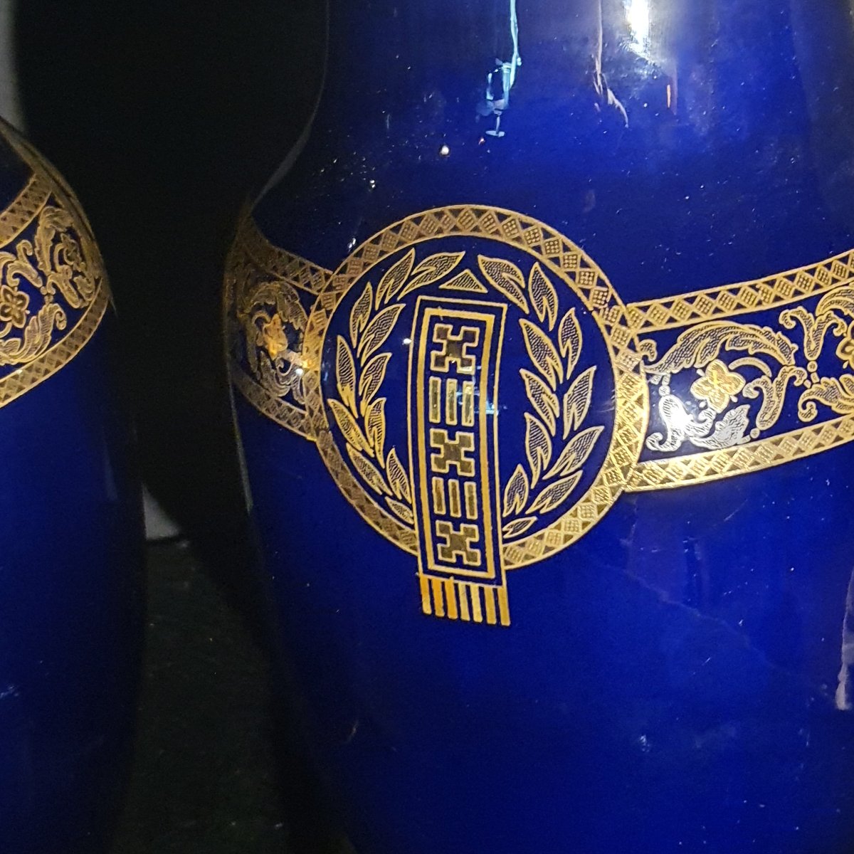 Pair Of Art Deco Sarreguemines Vases In Sèvres Blue -photo-1