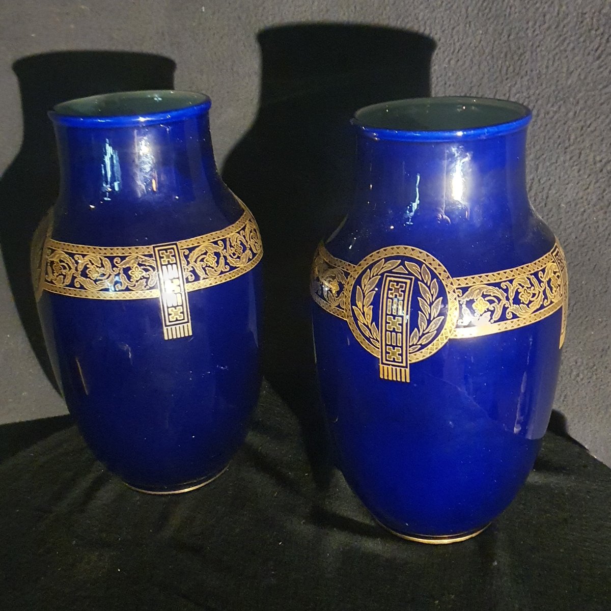 Pair Of Art Deco Sarreguemines Vases In Sèvres Blue -photo-3