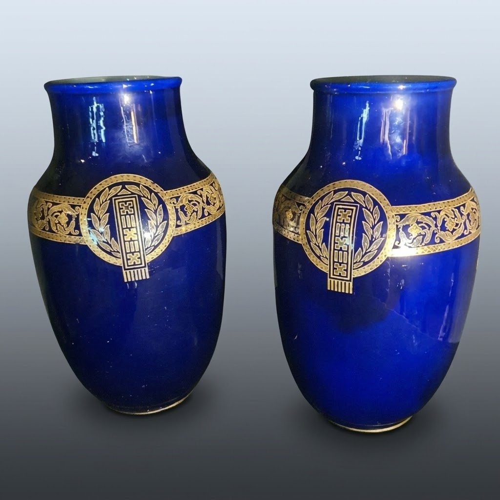 Pair Of Art Deco Sarreguemines Vases In Sèvres Blue 