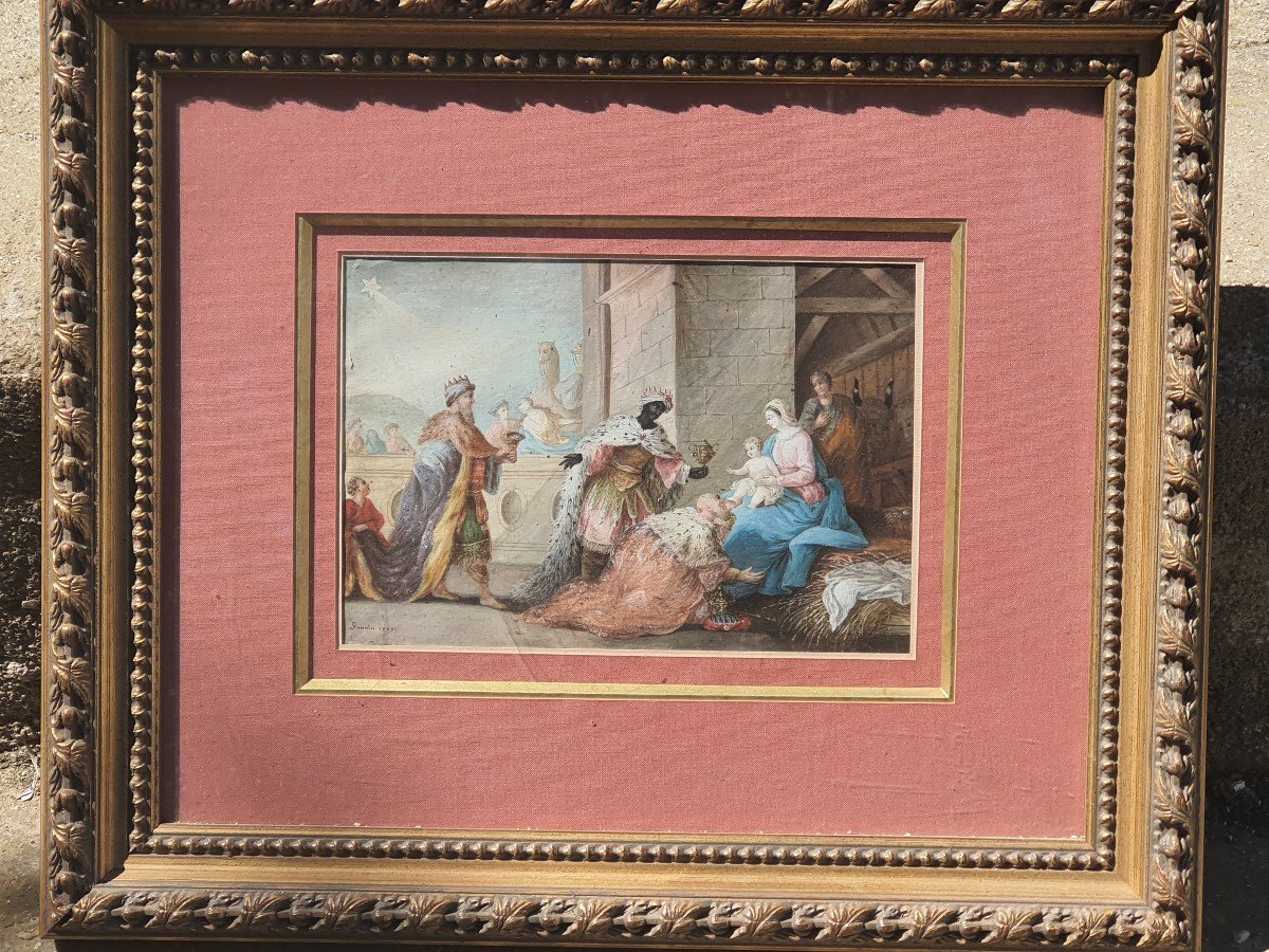 Tableau aquarelle gouache XVIII, l offrande des rois mages. -photo-2
