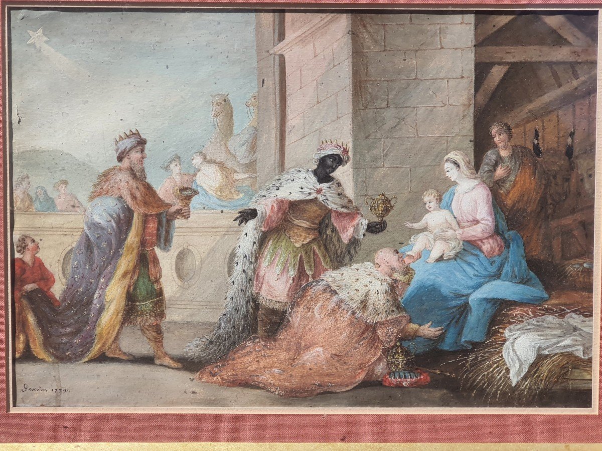 Tableau aquarelle gouache XVIII, l offrande des rois mages. -photo-3