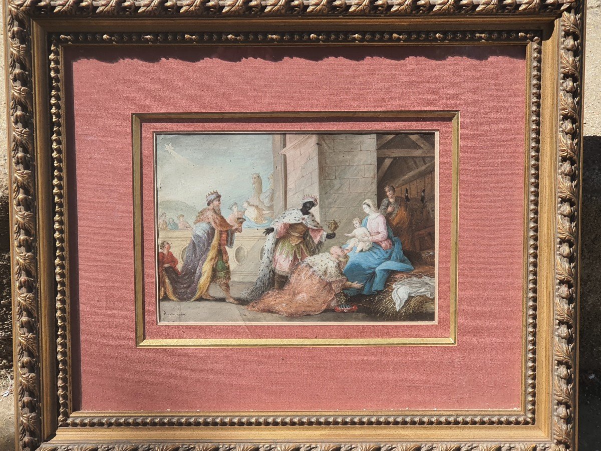Tableau aquarelle gouache XVIII, l offrande des rois mages. -photo-4