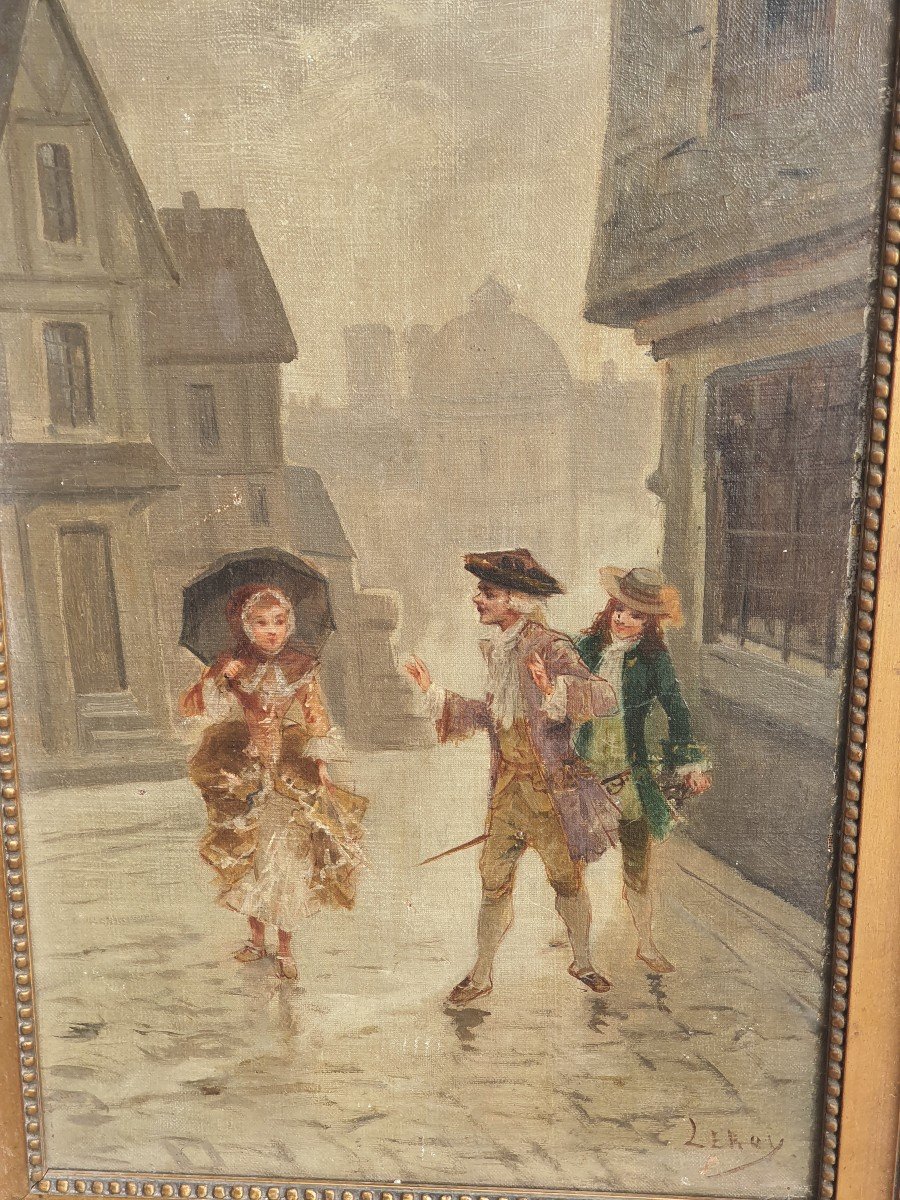 Tableau scène de genre ,Étienne Leroy personnages sous la pluie  -photo-4