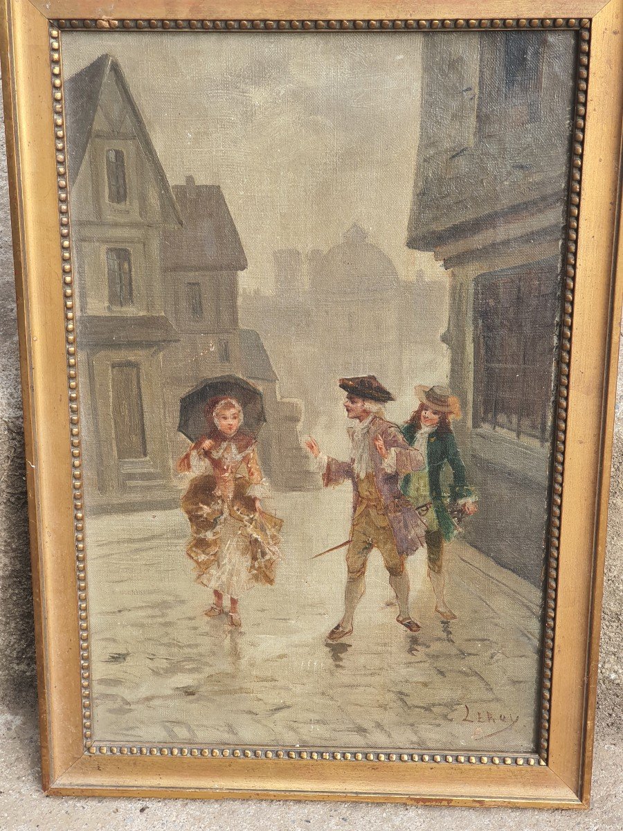 Tableau scène de genre ,Étienne Leroy personnages sous la pluie  