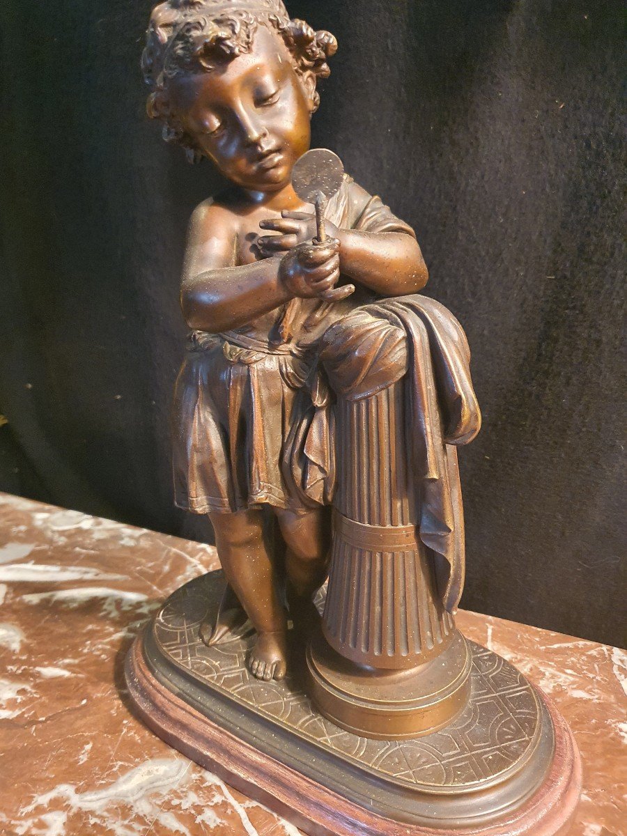 Sculpture Bronze ,enfant Au Miroir , par Jl Grégoire. -photo-3