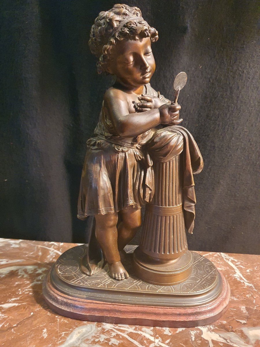 Bronze Sculpture, Child Au Miroir, By Jl Grégoire.