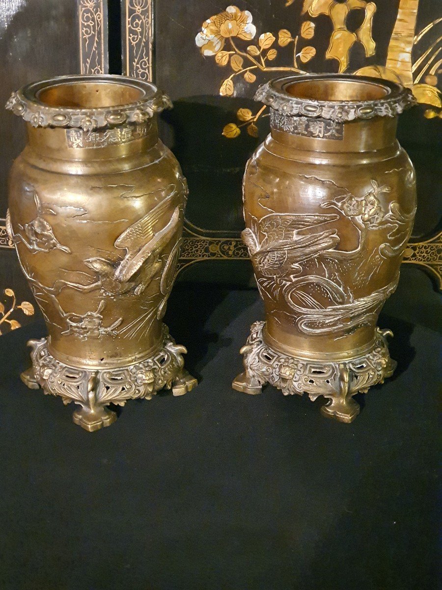 Pair Of Japanese Bronze Vases, Meïji, Edo. -photo-2