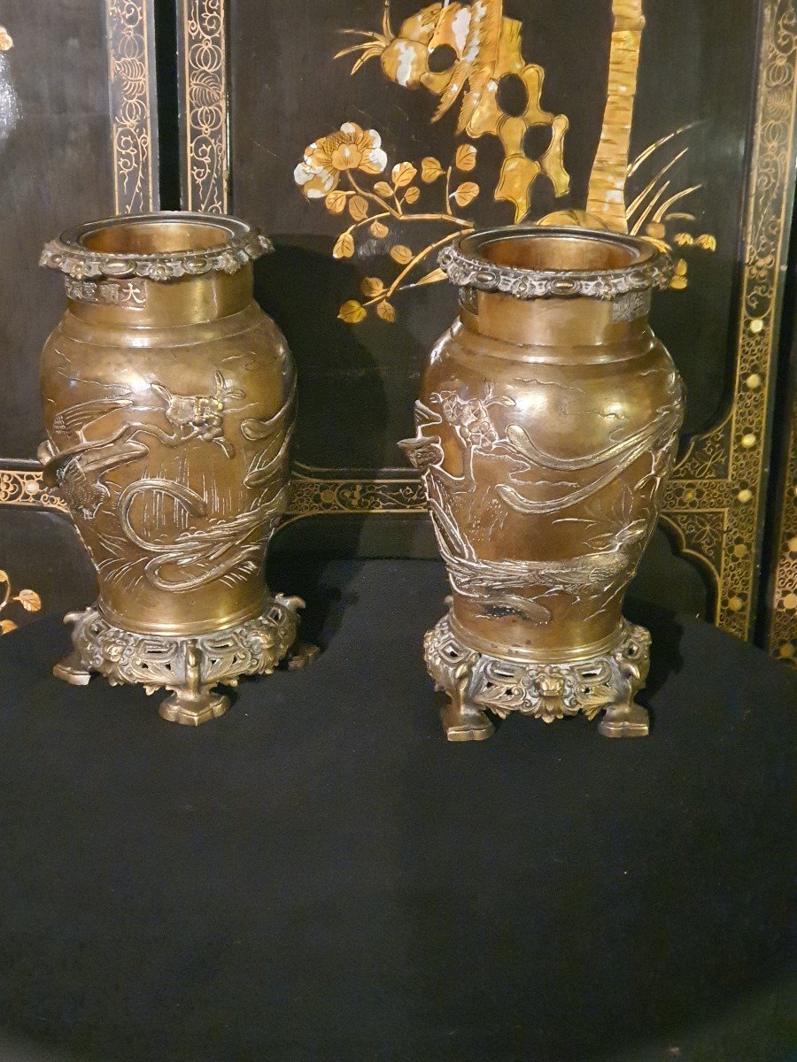 Pair Of Japanese Bronze Vases, Meïji, Edo. 