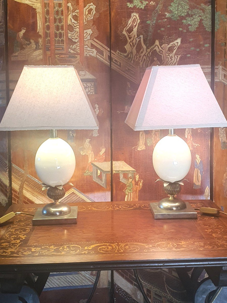 Pair Of Le Dauphin Lamps, Ostrich Eggs.-photo-2