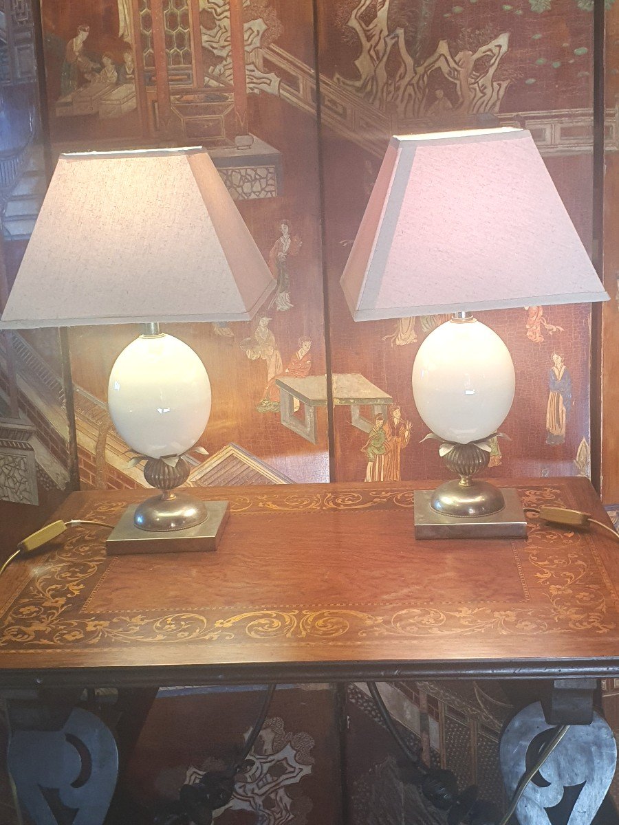 Pair Of Le Dauphin Lamps, Ostrich Eggs.-photo-4