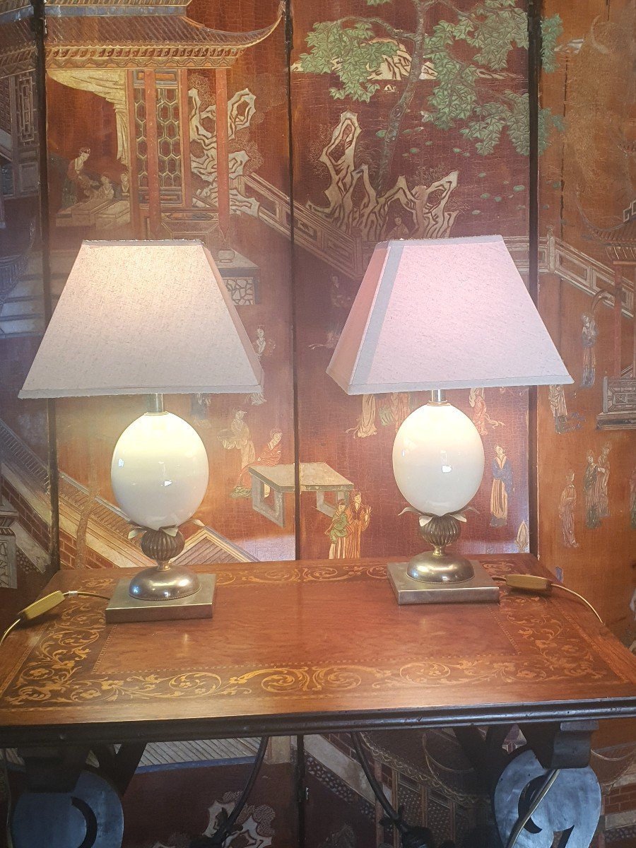 Pair Of Le Dauphin Lamps, Ostrich Eggs.