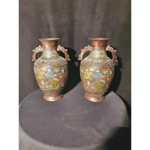 Pair Of Chinese Bronze Cloisonne Vases.