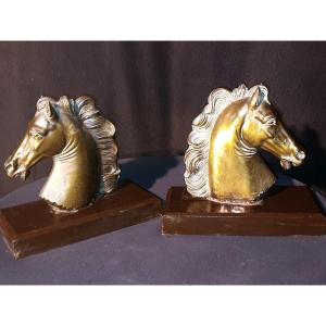 Paire De Sculptures Chevaux. Serre Livres. Art Déco. 