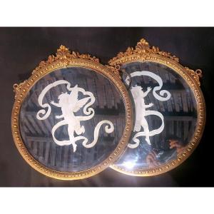 Pair Of Character Mirrors With Bronze Frames.