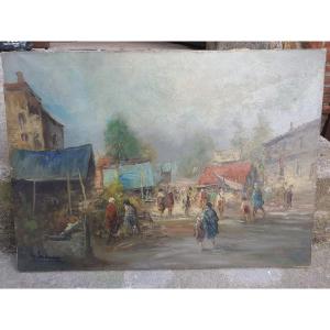 Tableau Scène Marché Italien Gerolano Induno.