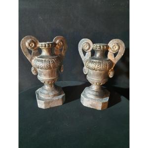 Pair Of Medici Vases Carved Wood Silver XVIII Century.