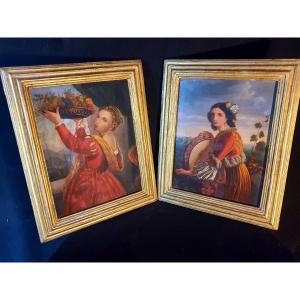 Pair Of Paintings, Young Women Italy D After Titian.