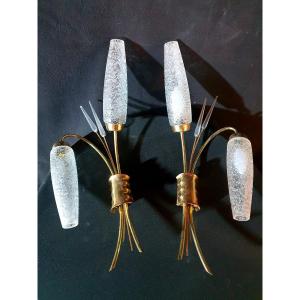 Pair Of Vintage Arlus Reed Sconces, Lunel.