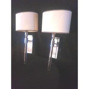 Pair Of Wall Lights 60 70 Lucite And Chrome.