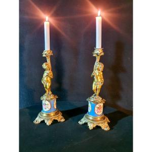 Pair Of Cherub Love Candlesticks Sèvres Porcelain, Bronze.