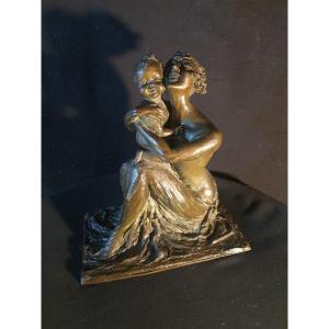 Sculpture Bronze Art Déco, Femme Et Enfant ,Cire Perdue , Rella.