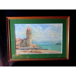 Tableau Aquarelle Art Déco  Marine Collioure  Ernest Arnaud.