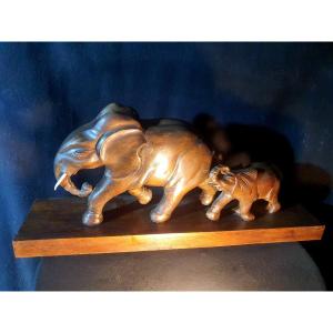 Art Deco Style Sculpture Elephant And Its Cub.