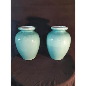 Paire De Vases Art Déco Bleu Turquoise Orchies.