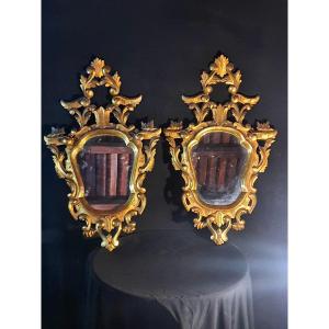 Pair Of Baroque Mirrors Golden Wood Italy Provence. 