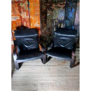 Pair Of Vintage Scandinavian Armchairs From The 60s And 70s, Black Leather.