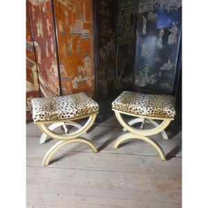 Pair Of Empire Style Leopard Fabric Stools. 