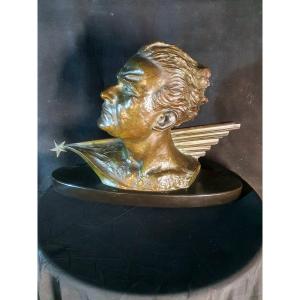 Sculpture Aviation Art Déco Bronze Buste Jean Mermoz ,  F Focht.