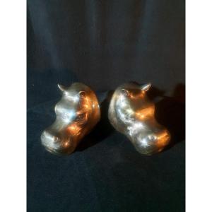 Bronze Sculpture Hippopotamuses Bookends Esprit Philippe Berry.