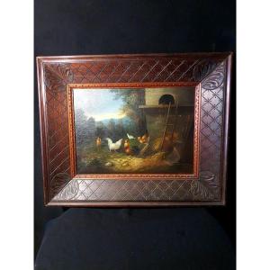 Tableau Basse Cour Poules ,Charles Jacques. 