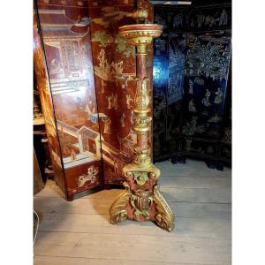 Large Gilded Wooden Candlestick, 18th Century, Provence, Catalonia. 
